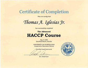 Tom Jr. Advanced HACCP Certificate