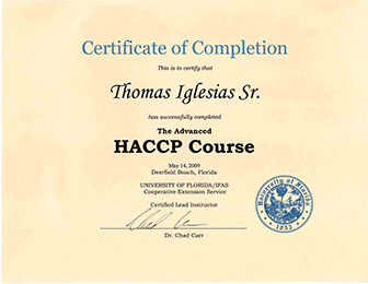 Tom Sr. Advanced HACCP Certificate